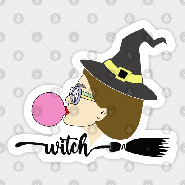 Fun, aesthetic, original witch, with gum and a broom. Sticker by Ideas Design